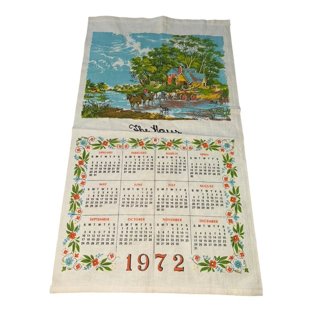 Vintage 1972 The Haus Linen Tea Towel Calendar Horse Wagon Farm Folk Art Dutch